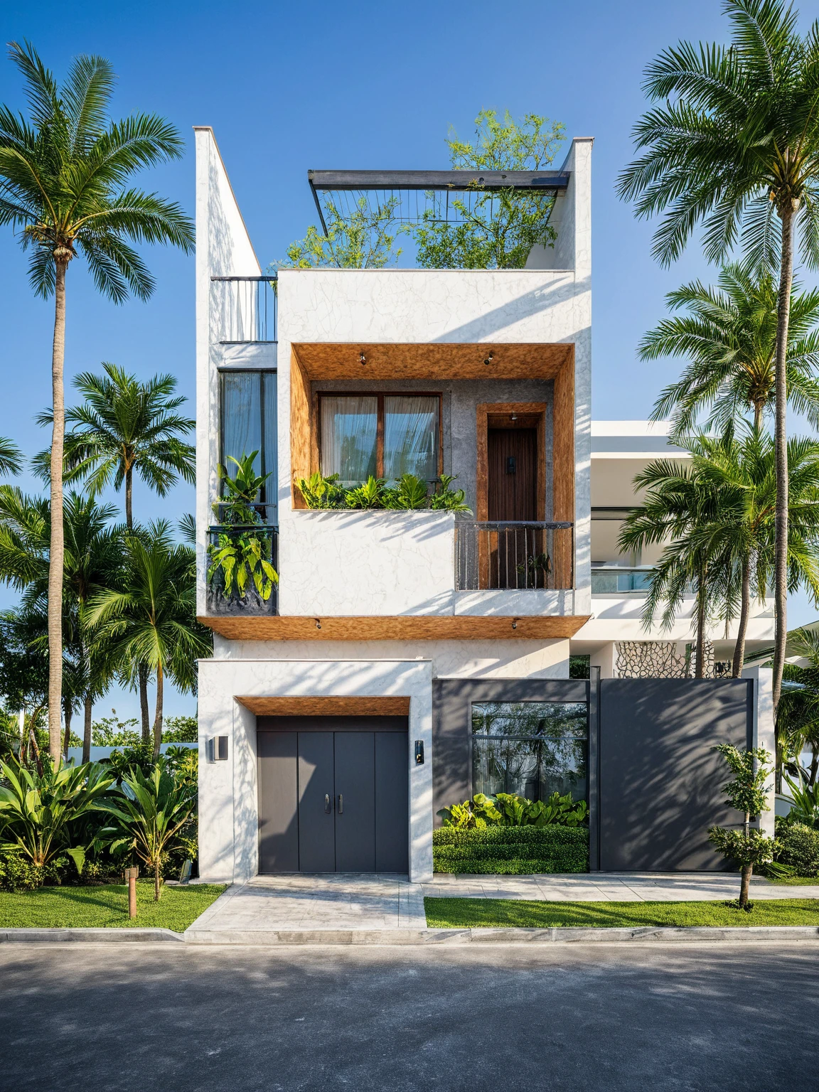 exterior house, modern style, white wall, (realistic:1.2), Masterpiece, high quality, best quality, authentic, super detail, outdoors, road, pavement, grass, trees, (daylight:1.1), coconut trees, clear sky, day time, Super Realistic, 32K UHD, DSLR, soft lighting, high quality, steel gate, steel railing, front yard, bright photo