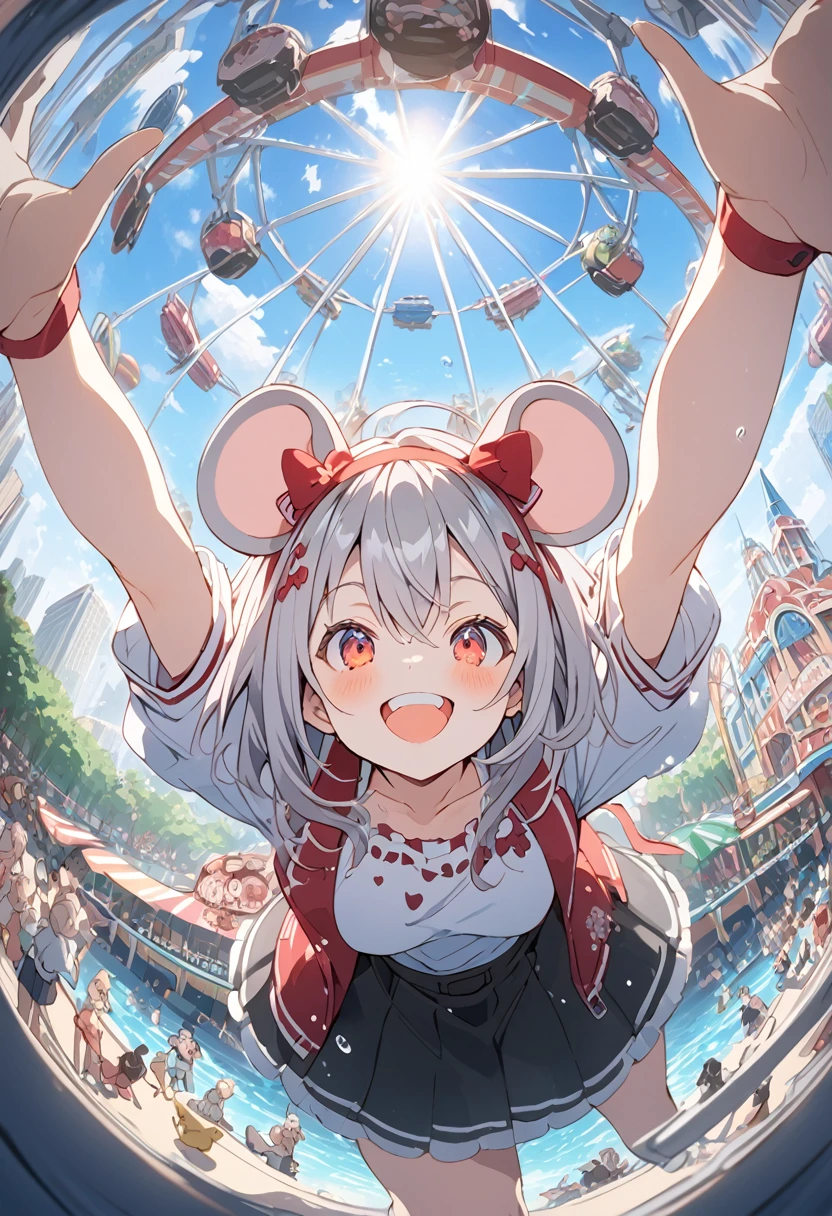 Expand your arms and welcome your audience,big smile,alisa mikhailovna kujou,amusement park,Ferris Wheel, roller coaster going underwater,city,Mouse ear headband ,fisheye, cel shading,from below, amusement park attractions are crowded in the background