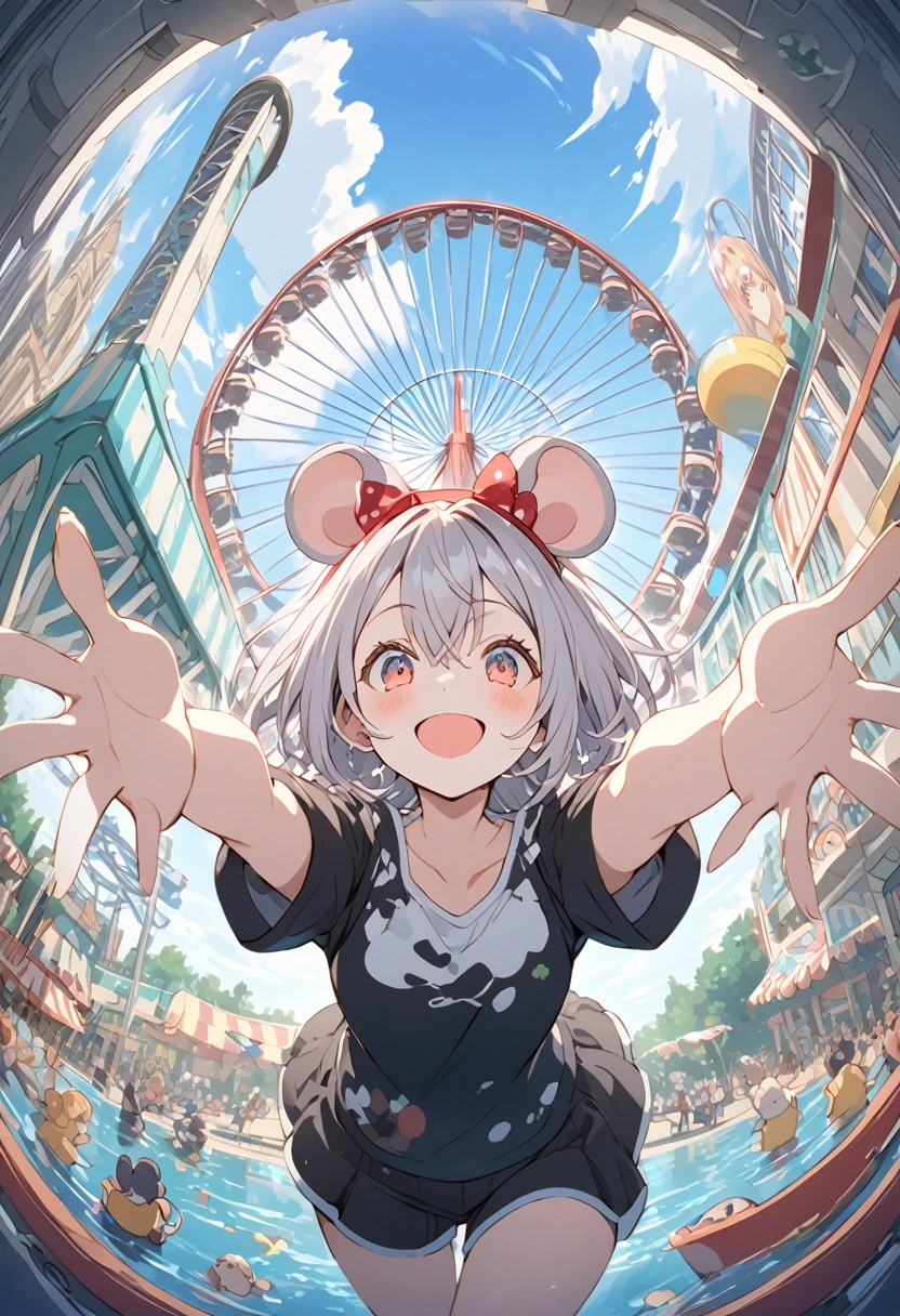 Expand your arms and welcome your audience,big smile,alisa mikhailovna kujou,amusement park,Ferris Wheel, roller coaster going underwater,city,Mouse ear headband ,fisheye, cel shading,from below, amusement park attractions are crowded in the background