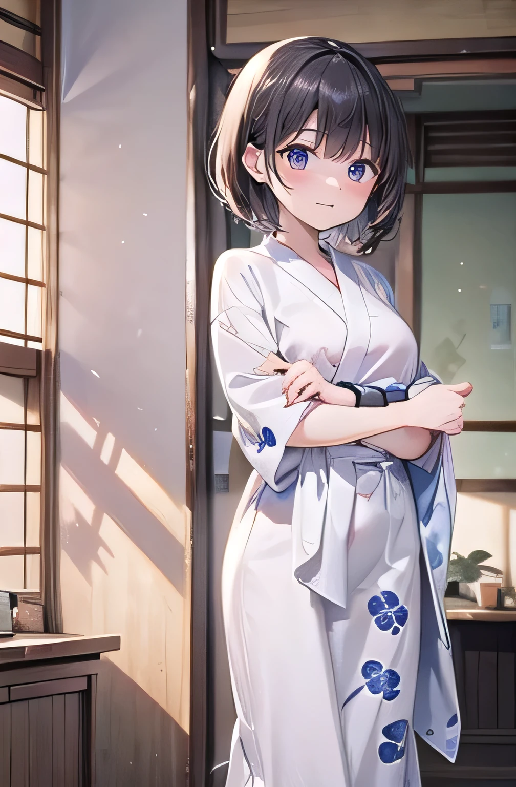 Highest quality、Realistic、、Japanese、zoom、man、cute、Grey Eyes、Light brown hair、short hair、White character print panties、thin、Pouting、、shower room、Cowboy Shot