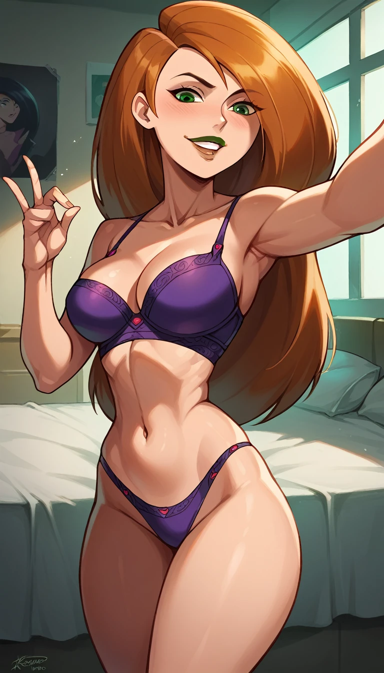 Perfect Selfie , Kim Possible,purple bra and panties,long hair,green eyes, smile,,thick thighs,smile,large breasts,vibrant cores, lipstick and lip gloss , neckline movie highlight,background room, Random pose,beautiful legs