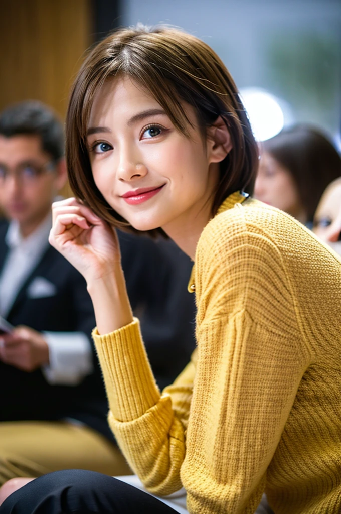 a Close-up portrait of gorgeous smiling cute Japanese woman in a glamorous lacy dress outfit, delicate facial features, porcelain-skinned, ponytail, a fusion of young Marion Cotillard's striking eyes and young Anne Hathaway's introspective gaze, long and slender cute face, curved eyebrows, droopy hooded eyes, lower nasal bridge, slim wavy nose, smiling, thin lips, short pixie cut hair, silhouette, bokeh, outstretched right hand to begging to the viewer, skylight atrium lounge background, depth of field, photo, film,