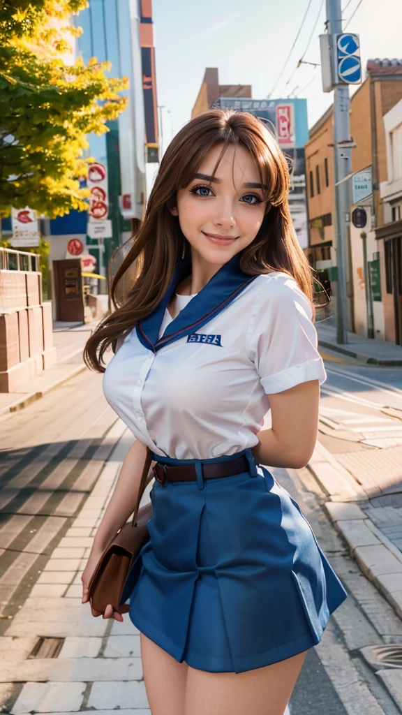 1girl, absurdres, masterpiece, highly detailed, (best quality:1.2), solo, beautiful detailed eyes, (light makeup), glossy lips, lips parted,  mikuru1, asahina mikuru, blue sailor collar, blue skirt, brown eyes, brown hair, kita high school uniform, long hair, red ribbon, ribbon on collar, sailor collar, school uniform, serafuku, loafers, brown loafers, skirt, socks, white socks, short socks, standing, perfect body, best quality, 32k, photography, (UHD RAW photo:1.2), full body (head to toe), tone mapping, asian-european, perfectly drawn hands, ((masterpiece)), ((highres)), ((detailed background)), city street background, standing in the sidewalk, (big proportions, really big woman, big body), big breasts, cute pose, smiling, ((perfect eyes, detailed eyes, realistic eyes)), ((sharp face, detailed face, realistic face, naturtal skin, realistic skin, detailed skin, pores)),