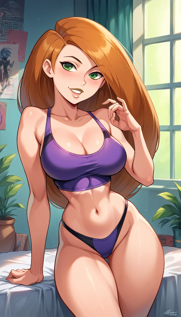 Perfect Selfie , Kim Possible,purple bra and panties,long hair,green eyes, smile,,thick thighs,smile,large breasts,vibrant cores, lipstick and lip gloss , neckline movie highlight,background room, Random pose,beautiful legs