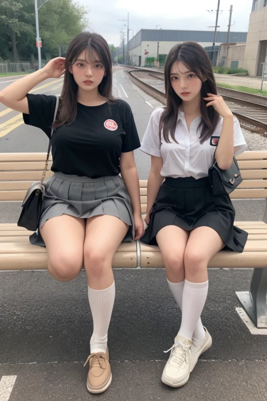 heavy rain, soaked, long hair, looking at viewer, smile, bangs, (Two girls in:1.2), skirt, brown hair, shirt, black hair, short sleeves, brown eyes,  long hair, Wet white browce, pleated skirt, open legs, shoes, socks, striped, hand up, bag, kneehighs, brown footwear, loafers, school bag, Train station seat, Sitting, (Plump breast:1.2)