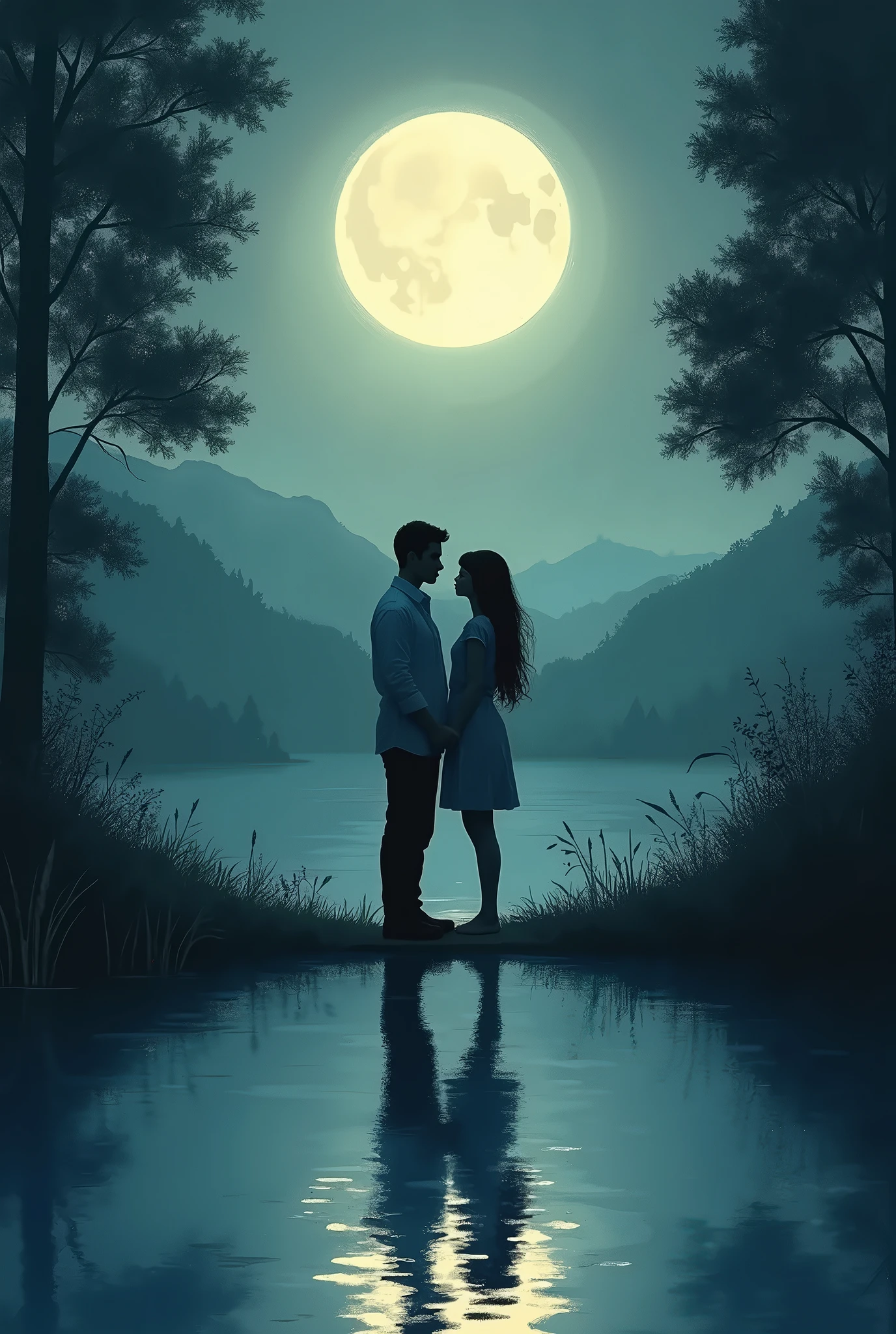 Couple in landscape, of universe with moon and stars, a river,