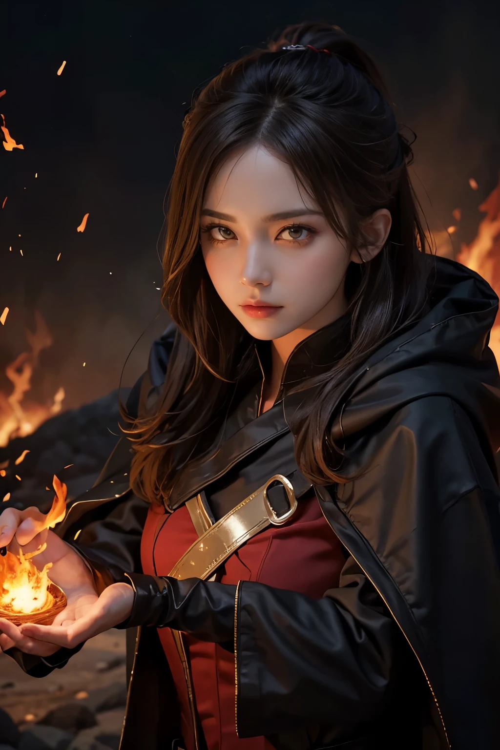 naughty man, details with fire, red clothes with black with fire, short black hair, hooded cloak, mask, anatomically correcte, high qualiy, laughter, Eyes red, tongue out, seducing smile, Action Painting, 