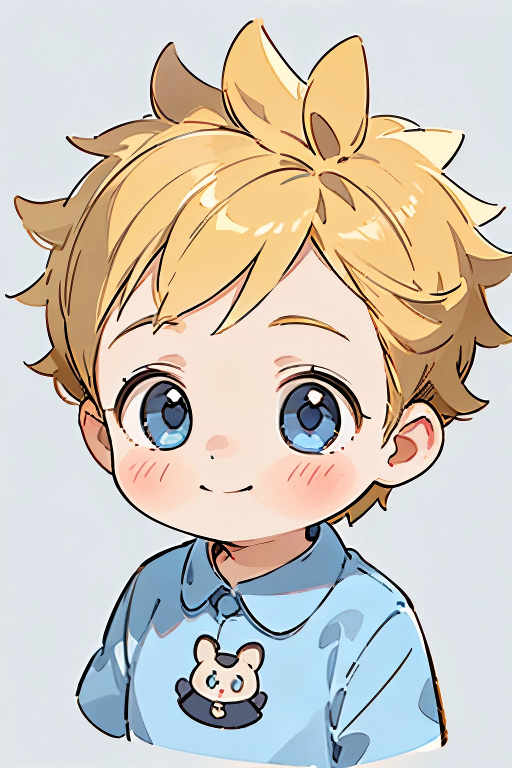 (high-quality, breathtaking),(expressive eyes, perfect face) portrait, Symmetrical Eyes, 1boy, solo, 1 month old, blonde hair, yellow golden coloured eyes, medium hair, spiked hair, fluffy hair, baby face, grey background, detailed eyes, blue shirt, upper body, cute smile,
