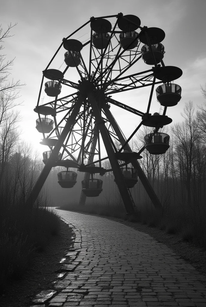 ruins, An amusement park that went out of business, cracked brick road, Broken ferris wheel, Ghost inside the ferris wheel gondola, Black and White Photography, Ghost photos, Just after sunset, Slightly bright, UHD, super detail, high details, best quality, highres