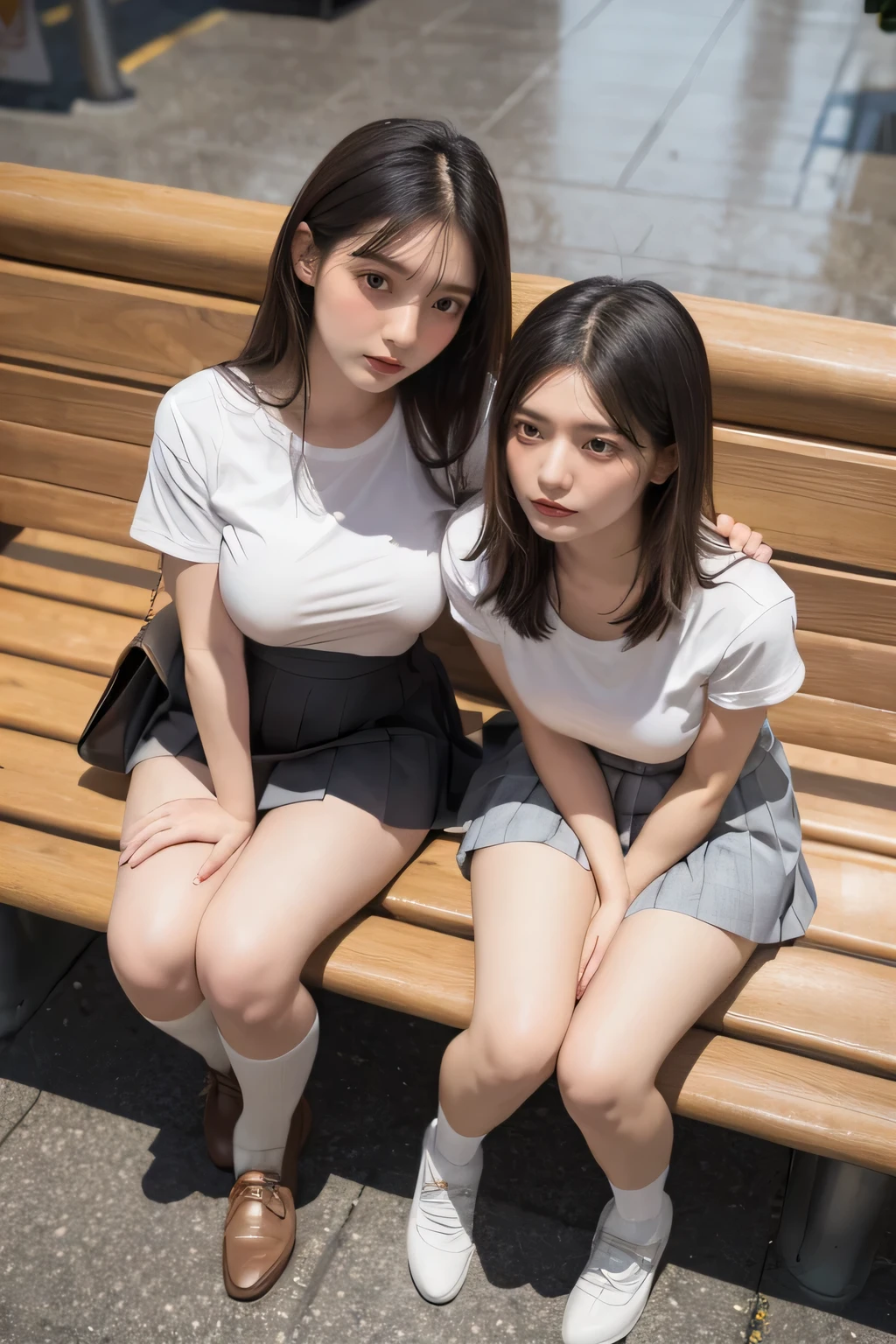 masterpiece, top quality, full body, bangs, black choker, 2girls, lily, lesbian kiss, kiss, (black hair), long hair, hug, cleavage, bountiful breasts, summer sailor suit, slim, see-through, micro mini skirt, pleated skirt,