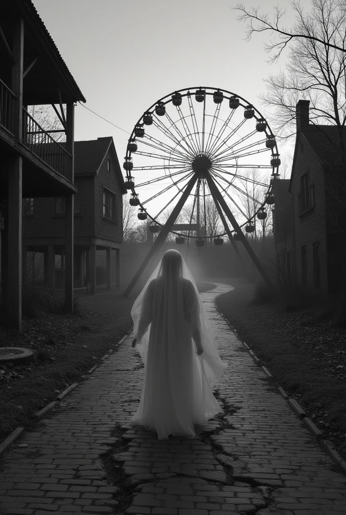 ruins, An amusement park that went out of business, cracked brick road, Broken ferris wheel, Ghost inside the ferris wheel gondola, Black and White Photography, Ghost photos, Just after sunset, Slightly bright, UHD, super detail, high details, best quality, highres