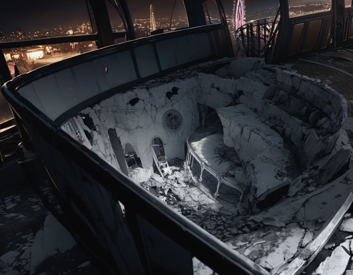 ruins, An amusement park that went out of business, cracked brick road, Broken ferris wheel, Ghost inside the ferris wheel gondola, Black and White Photography, Ghost photos, Just after sunset, Slightly bright, UHD, super detail, high details, best quality, highres