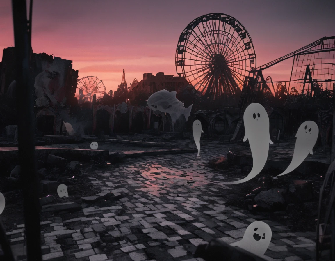 ruins, An amusement park that went out of business, cracked brick road, Broken ferris wheel, Ghost inside the ferris wheel gondola, Black and White Photography, Ghost photos, Just after sunset, Slightly bright, UHD, super detail, high details, best quality, highres