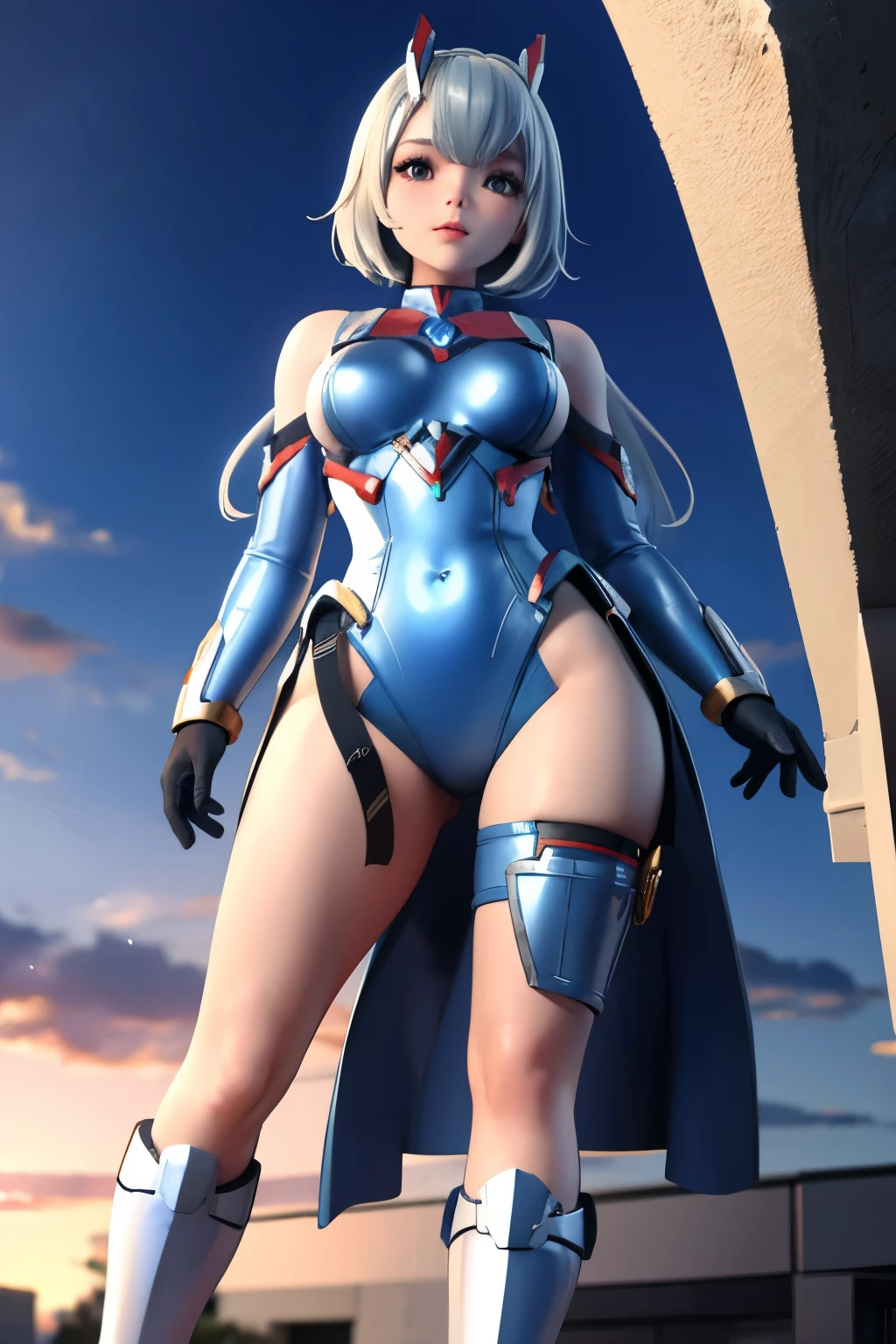 1 girl , solo, High resolution, sci-fi 、Feminine Ultraman、Silver body、Large Breasts、