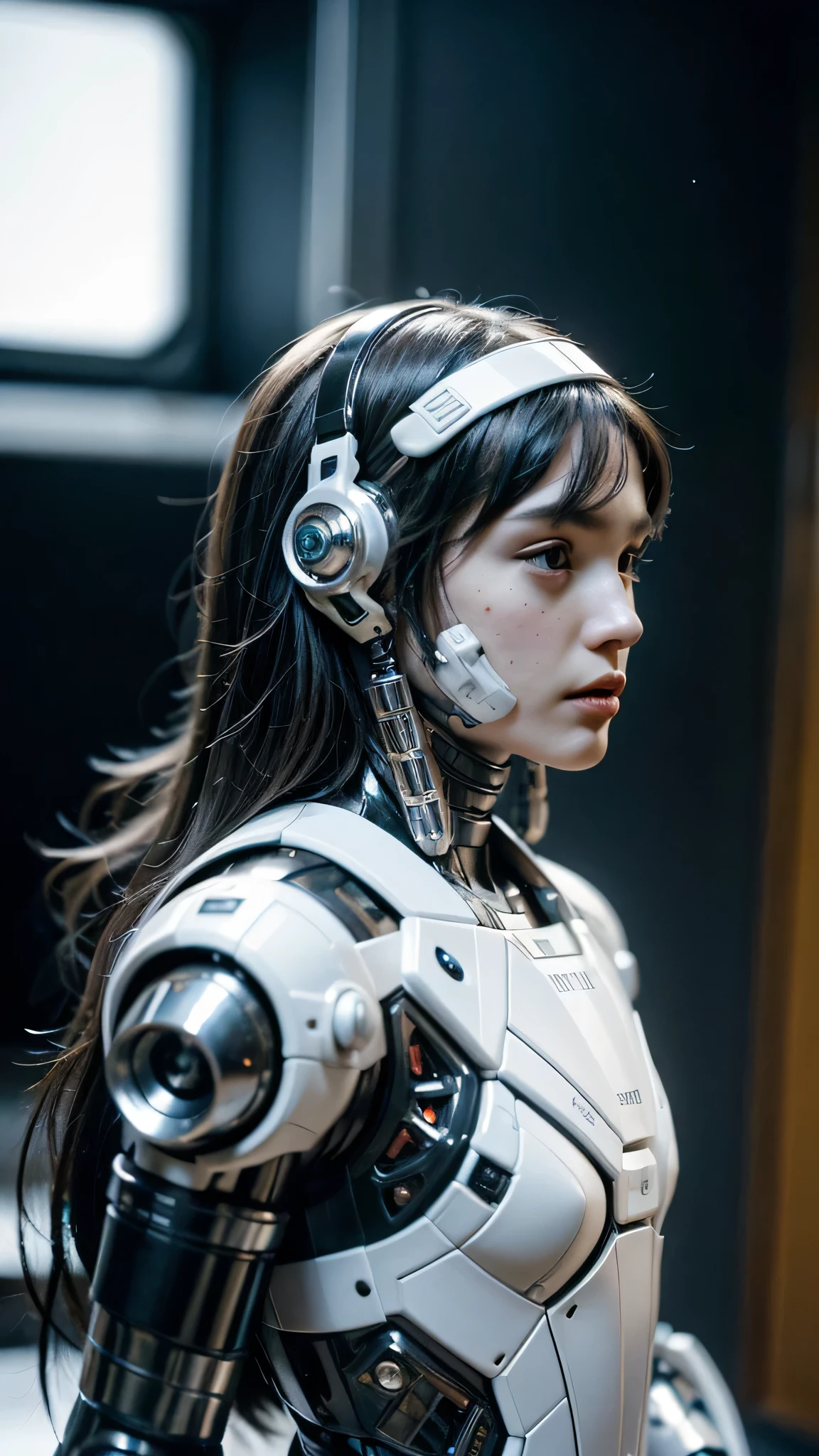 (RAW photo, 4k, masterpiece, high res, extremely intricate) (photorealistic:1.4), cinematic lighting 1girl, solo focus, summer noon, hot, 1990s \(style\),cowboy shot,indoors,the upper part of the body, masterpiece, best quality, masterpiece,best quality,official art,extremely detailed CG unity 8k wallpaper, beautiful detailed eyes, artbook, photo, real, realistic, futuristic knight, (silver, long hair), mecha girl, mechanical parts, space station, Expressive Hues, Vibrant Palette,B lack and white clothes,