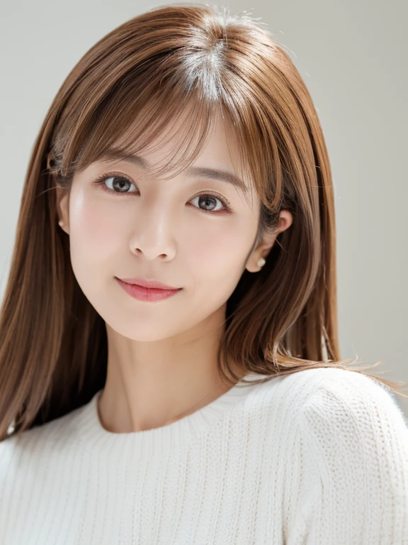 (Raw photo), (Photorealistic), (masterpiece), (Highest quality), High resolution, 8K resolution, (Intricate details), (Volumetric Light), Portrait, woman, 20 years, Mid-length hair, Straight Hair, Layered Hair, Brown haired, Highly detailed eyes, Source Order, Very fine eyebrows, Highly detailed skin, Highly detailed mouth, Highly detailed nose, Cute like an idol, Smile, ((Thick lips)), ((Look at the viewers)), (Elegant blouse).Large Breasts、I can see her cleavage、red bra、