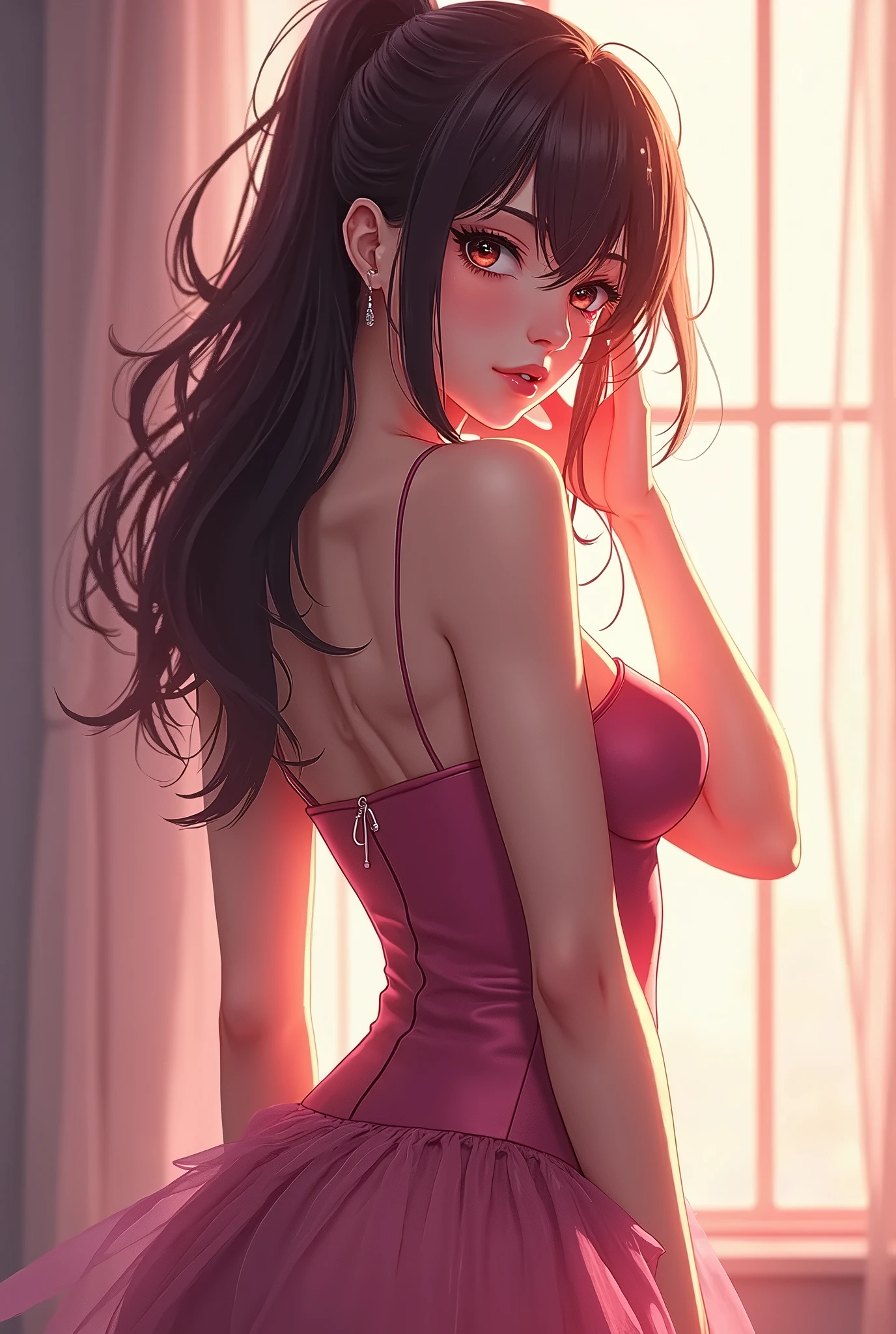 Beautiful, tall, adult, mature girl, straight brown hair with pink tips, gold carabans, transparent pink dress revealing her black bikini, black belt with gold chains, with her back to the viewer, a giant butt, wonderful curves and huge breasts. In a room, anime