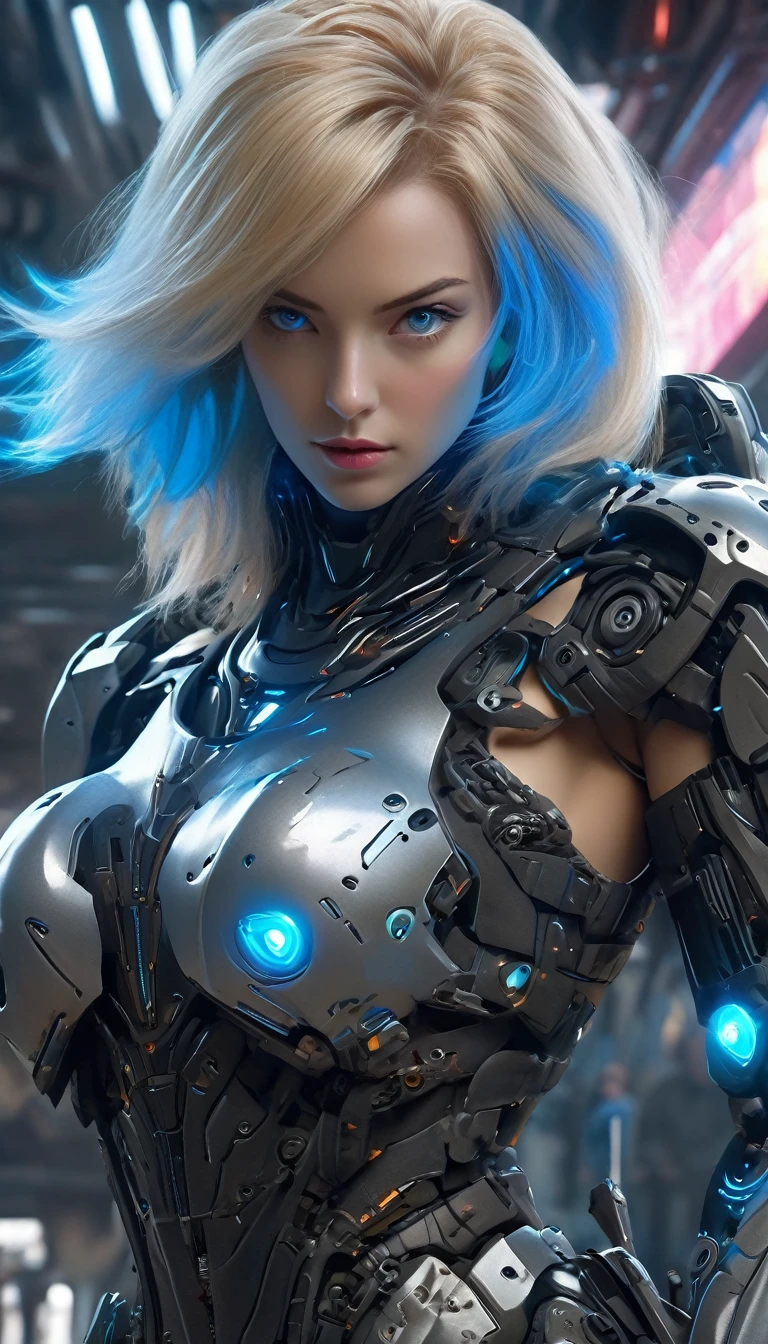 (Best Quality, 4K, 8k, High resolution, masterpiece: 1.2), ( very detailed, Realistic, Realistic:1.37), Futuristic衣装を着た女性,  Exoskeleton cyber armor  ,   a woman wearing a form-fitting armot   、(( she has a plasma gun in her hand )), Full body images, Maximum details,   Superior quality through accurate drawings, 8k,Chest, blue eyes, High resolution, 超High resolution, Best Quality, Shortcuts, Big Chest,     cinematic lighting effect with open chest and nipples  , Futuristic, blonde, 美しいBlack Hairの女性, blue eyes, Cyberpunk style woman, ((Advanced spacecraft interior)), High-quality images、Black Hair, Shortcuts,