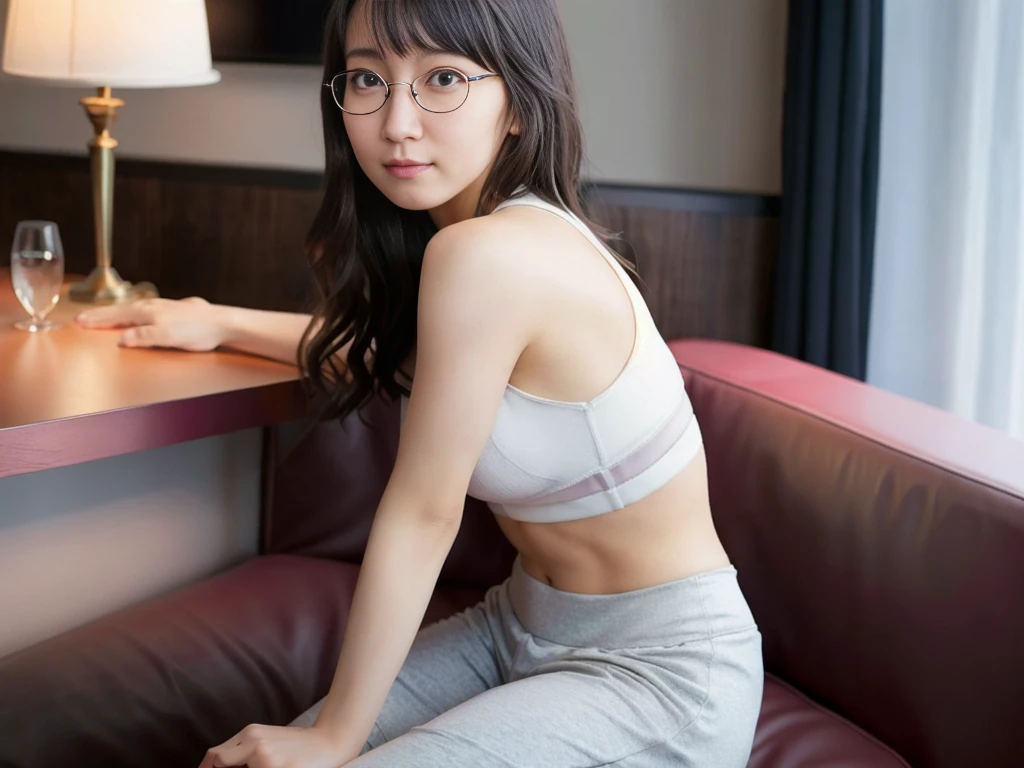 (solo), (a detailed full body RAW photo of a girl), (masterpiece:1.0), (best quality:1.4), (ultra highres:1.2), (photorealistic:1.4), 8k resolution, Canon EOS R5, 50mm, absurdres, ultra detailed, (a detailed full body RAW photo of a girl), (masterpiece:1.0), (best quality:1.4), (ultra highres:1.2), (cheerful 18year old), japanese athlete sharp focus, cinematic lighting, detailed beautiful face, (no make up:1.2), (ulzzang-6500-v1.1), petite figure, detailed skin texture, flat chest, (skinny and fit body:1.6), detailed brown hair, sweltering,(very short hair:1.5), smiling face, see-through nipple, (very small and simple and white adidas athletic wear:1.5), low rise, (Crotch streaks and stains), (nipple protrusion on sports bra:1.0), realistic glistening skin, (sweating:1.45), detailed nipple, (mana ashida:1.2), dynamic pose, lean back, spread crotch, (sit down sofa and spread your legs wide:1.5), show crotch, ((wearing glasses:1.5)), from below, very sexy uniform:1.5, see-through:1.3, slender body,