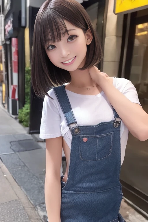 1 female junior high school student、clavicle、Nipples、She is smiling、Small breasts、Nude Overalls、The back is wide open
