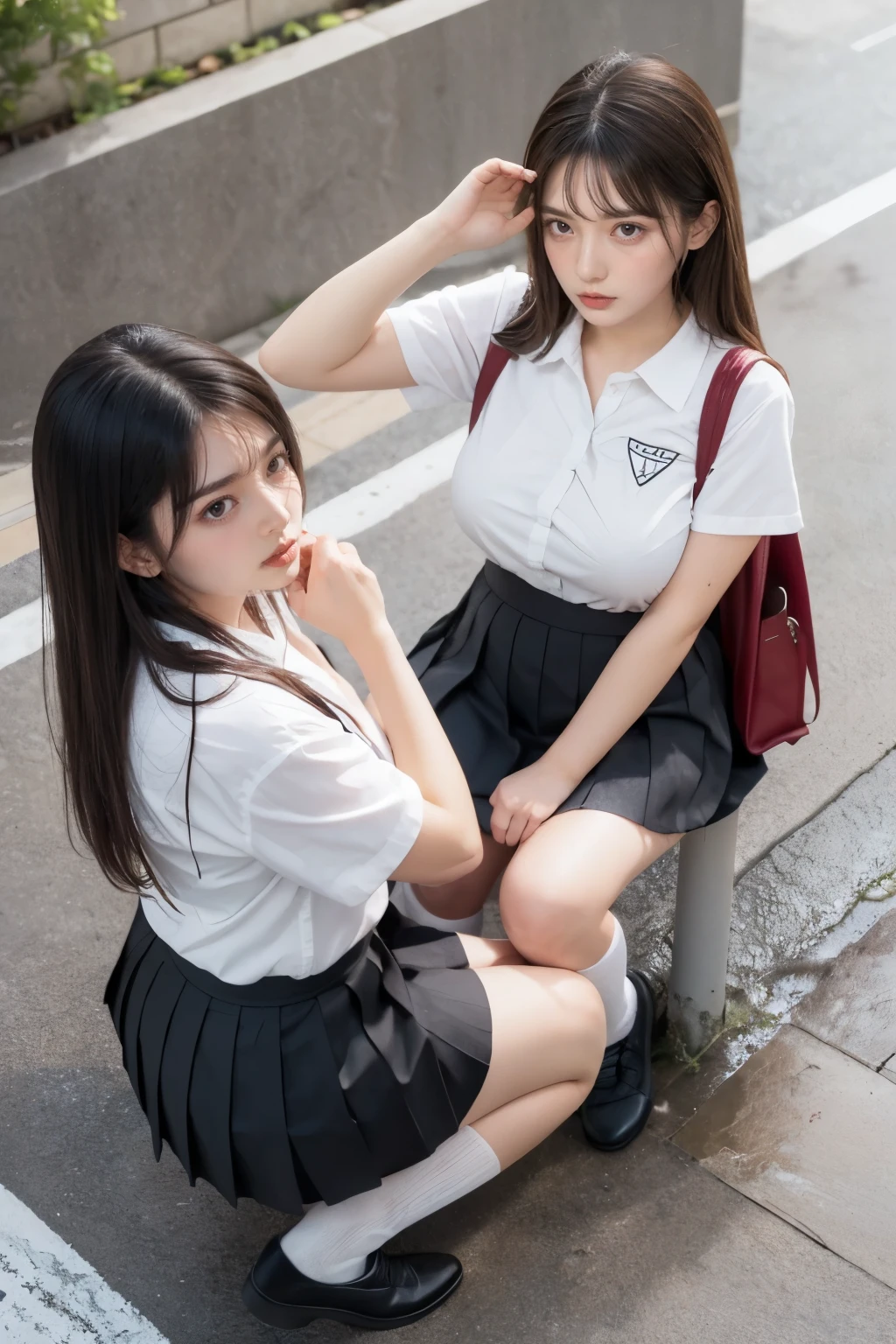 heavy rain, soaked, long hair, looking at viewer, smile, bangs, (Two girls in:1.2), skirt, brown hair, shirt, black hair, short sleeves, brown eyes,  long hair, Wet white browce, pleated skirt, open legs, shoes, socks, striped, hand up, bag, kneehighs, brown footwear, loafers, school bag, Train station seat, Sitting, (Plump breast:1.2), (From top view:1.3)