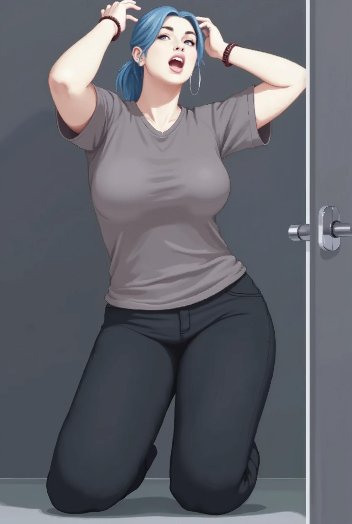nsfw, masterpiece, best quality, high resolution, (jeans pants), full body, (topless), (barefoot), blush, worried, open mouth, inndoors, ((((((big pee stain)))))) sabrina, pokemon, flipped hair, aqua hair, red eyes