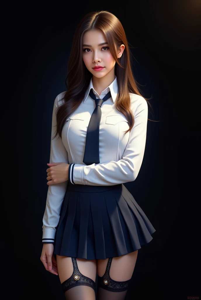 realistic, high res image, masterpiece, best quality, woman, cute, fair skin, brown shiny long hair, ultra detailed eyes, thick lips, dark background, school uniform, white long sleves shirt, navy skirt, black lace leg wear, black lace thighhigh,