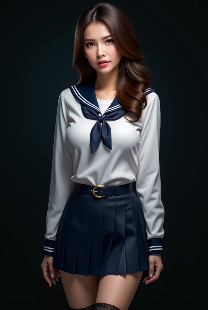 realistic, high res image, masterpiece, best quality, woman, cute, fair skin, brown shiny long hair, ultra detailed eyes, thick lips, dark background, school uniform, white long sleves shirt, navy skirt, black lace leg wear, black lace thighhigh,