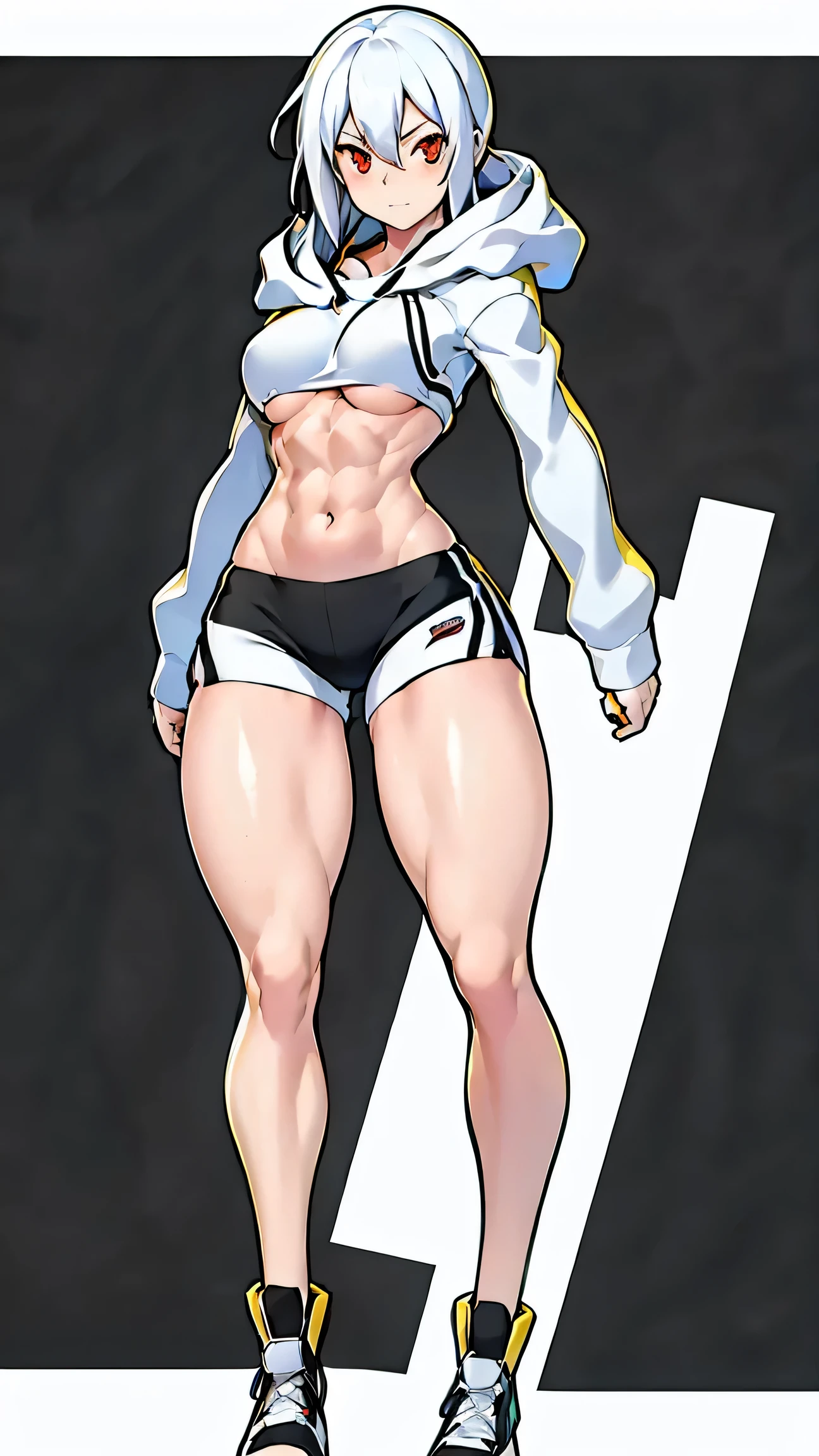 white hair, red eyes, black hoodie, white cropped, under boobs, white dolphin shorts, thick thighs, thigh gap, shredded abs, muscular female, narrow waist, large hips, long sleeves, digidestined, toned body, beautiful sexy woman, muscular female, full body, small breasts, full body view, zoomed out, from head to feet view, hard light, yellow highlight