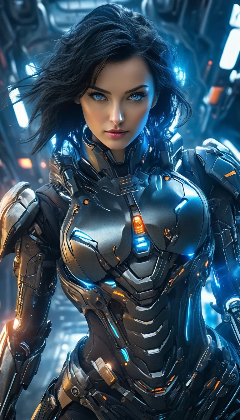 (Best Quality, 4K, 8k, High resolution, masterpiece: 1.2), ( very detailed, Realistic, Realistic:1.37), Woman in futuristic costume,  women wearing exoskeleton cyber armor, Woman wearing a form-fitting Armot  、(( she has a plasma gun in her hand )), Full body images, Maximum details,  Superior quality through accurate drawings, 8k,Chest, blue eyes, High resolution, 超High resolution, Best Quality, Shortcuts, Big Chest,   cinematic lighting effect with open chest and nipples , 美しいBlack Hairの女性, blue eyes, Women in cyber style , ((Advanced spacecraft interior)), High quality images、Black Hair, Shortcuts,