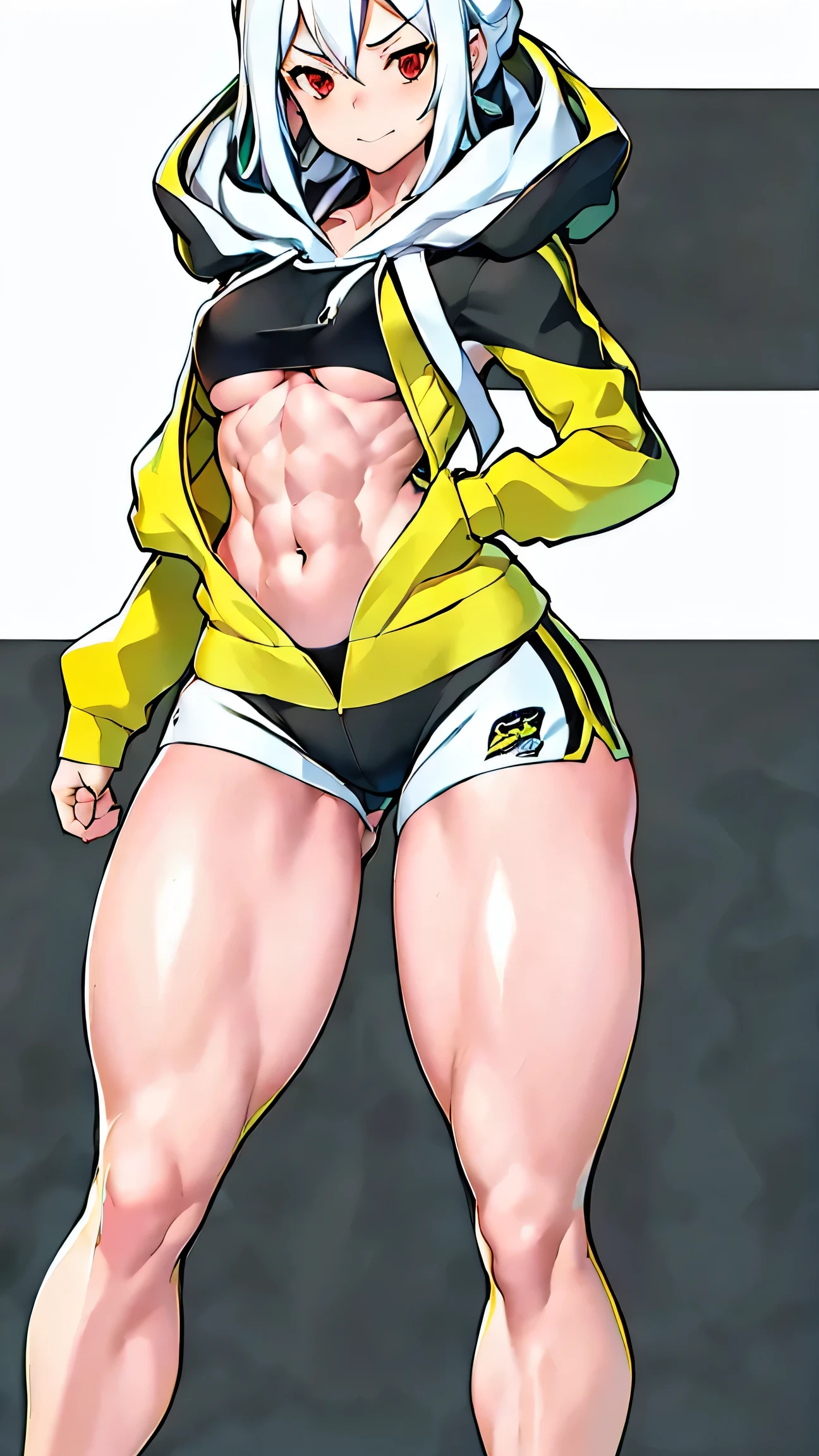 short white hair, hair between eyes, red eyes, black hoodie, white cropped, under boobs, white dolphin shorts, thick thighs, thigh gap, shredded abs, muscular female, narrow waist, large hips, long sleeves, digidestined, toned body, beautiful sexy woman, muscular female, full body, small breasts, full body view, zoomed out, from head to feet view, hard light, yellow highlight, mature woman, hood up