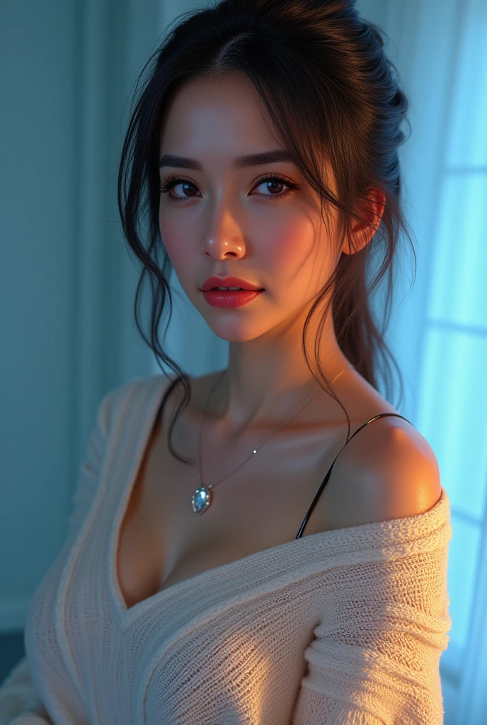 A masterpiece of digital art, rendered in stunning 4K resolution, features a breathtakingly beautiful girl posing serenely. Her face glows with a subtle sheen, her eyes sparkling like polished gemstones. She wears a fitted sweater that hugs her curves, the intricate folds and texture meticulously detailed. A delicate necklace adorns her neck, its facets catching the dramatic lighting, which casts a warm glow on her porcelain skin. The background is a soft, gradient blue, subtly blending into the edges of the frame. Every aspect of this artwork exudes ultra-detailed realism, with vibrant colors that seem to leap off the screen.