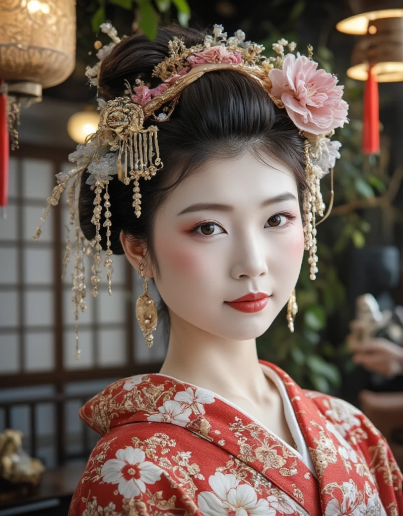 there is a woman wearing kimono dress posing for a picture, charming and sexy geisha, wearing kimono, wearing kimono, japanese goddess, elegant japanese woman, organic seductive geisha, wearing kimono, beautiful geisha, japanese model, Beautiful oriental woman, beautiful fox geisha, japanese woman, japanese, wearing silk robe
