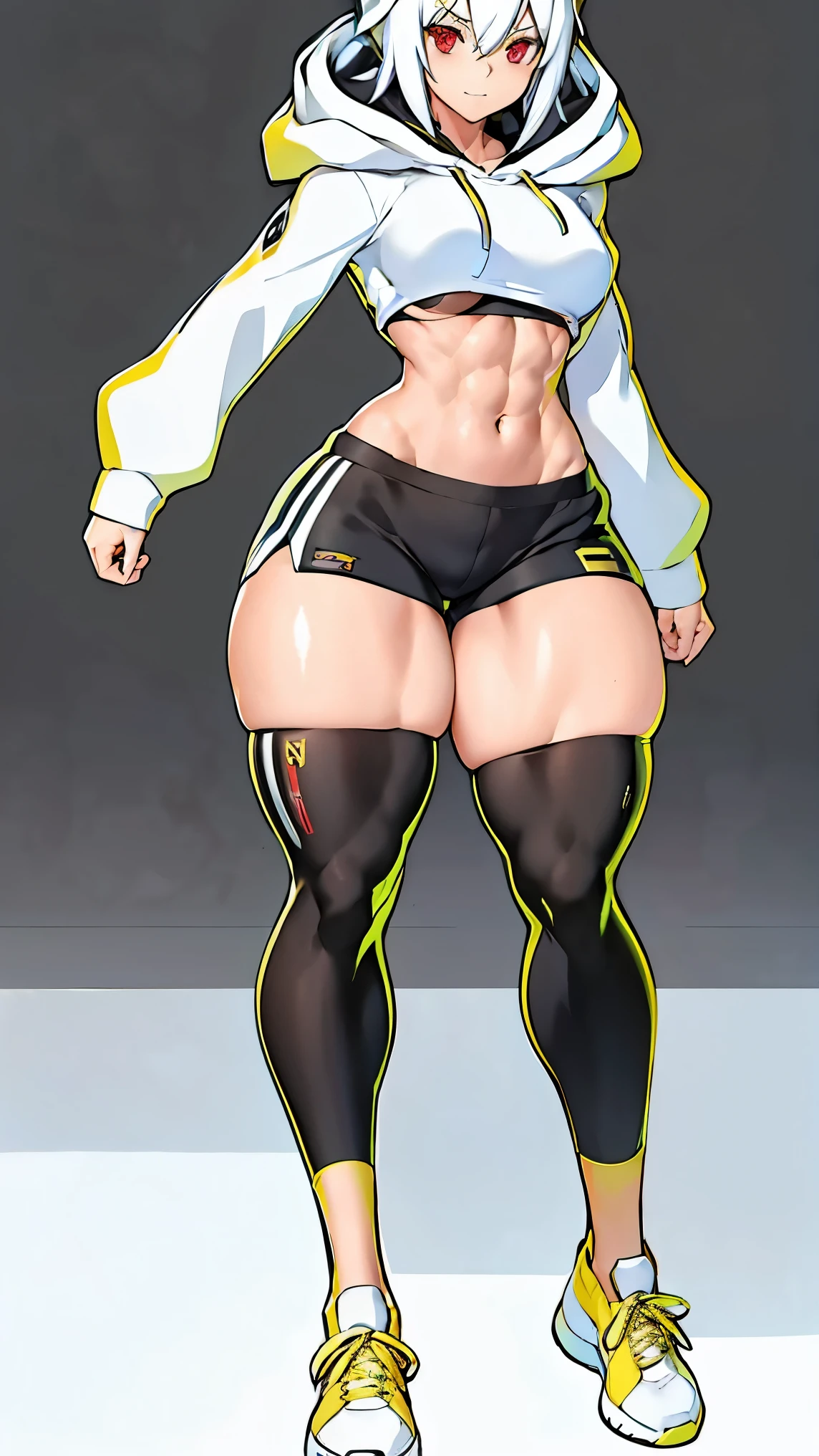 short white hair, hair between eyes, red eyes, black hoodie, white cropped, under boobs, white dolphin shorts, thick thighs, thigh gap, shredded abs, muscular female, narrow waist, large hips, long sleeves, digidestined, toned body, beautiful sexy woman, muscular female, full body, small breasts, full body view, zoomed out, from head to feet view, hard light, yellow highlight, mature woman, ((hood up)) ((sneakers)) ((full body)) ((zoomed out))