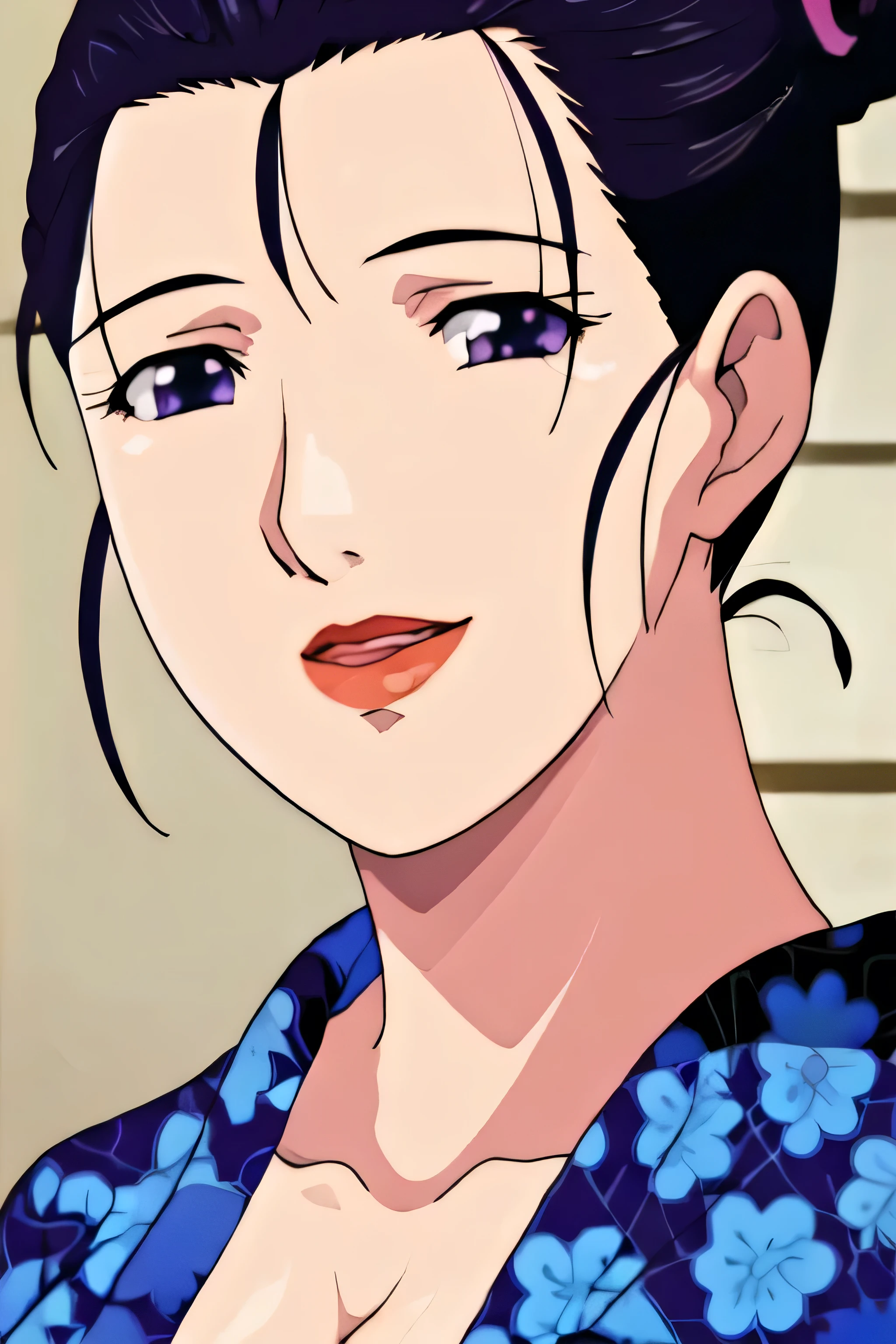 Simple Background,White Background,
purple kimono,floral print,japanese clothes,wide sleeves,long sleeves,
cleavage,
purple eyes, black hair,bangs,hair bun,
1 girl, 20yo,Young female,Beautiful long legs,Beautiful body,
Beautiful Nose,Beautiful character design, perfect eyes, perfect face,expressive eyes,perfect balance,
looking at viewer,(Focus on her face),closed mouth, (innocent_big_eyes:1.0),(Light_Smile:0.3),
official art,extremely detailed CG unity 8k wallpaper, perfect lighting,Colorful, Bright_Front_face_Lighting,White skin,
(masterpiece:1.0),(best_quality:1.0), ultra high res,4K,ultra-detailed,
photography, 8K, HDR, highres, absurdres:1.2, Kodak portra 400, film grain, blurry background, bokeh:1.2, lens flare, (vibrant_color:1.2),professional photograph,
(Beautiful,large_Breasts:1.4), (beautiful_face:1.5),(narrow_waist),