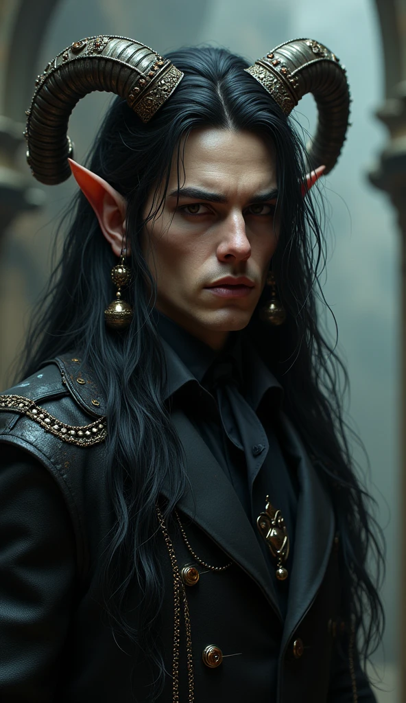 a male tiefling, upper body, evil eyes, wearing leather black armor, dark silver, pale white skin, bright eyes, young, pretty, small breasts, intricate horns, black hair flowing, long hair, athletic, muscular, malicious eyes, epic angle, dark medieval background, misty fog, bard tiefling, medieval fantasy, art by Alan Lee
