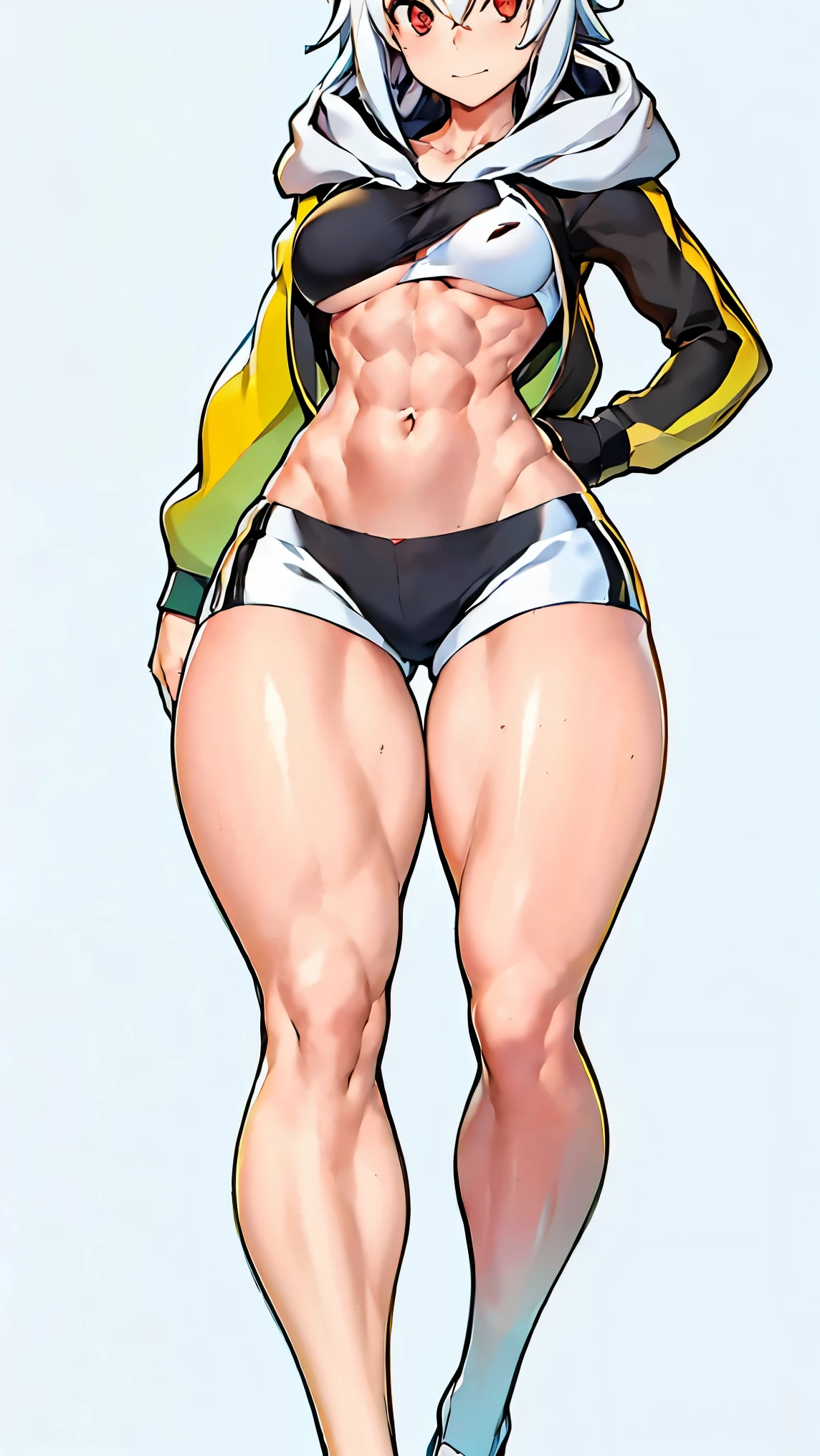 short white hair, hair between eyes, red eyes, black hoodie, white cropped, under boobs, white dolphin shorts, thick thighs, thigh gap, shredded abs, muscular female, narrow waist, large hips, long sleeves, digidestined, toned body, beautiful sexy woman, muscular female, full body, small breasts, full body view, zoomed out, from head to feet view, hard light, yellow highlight, mature woman