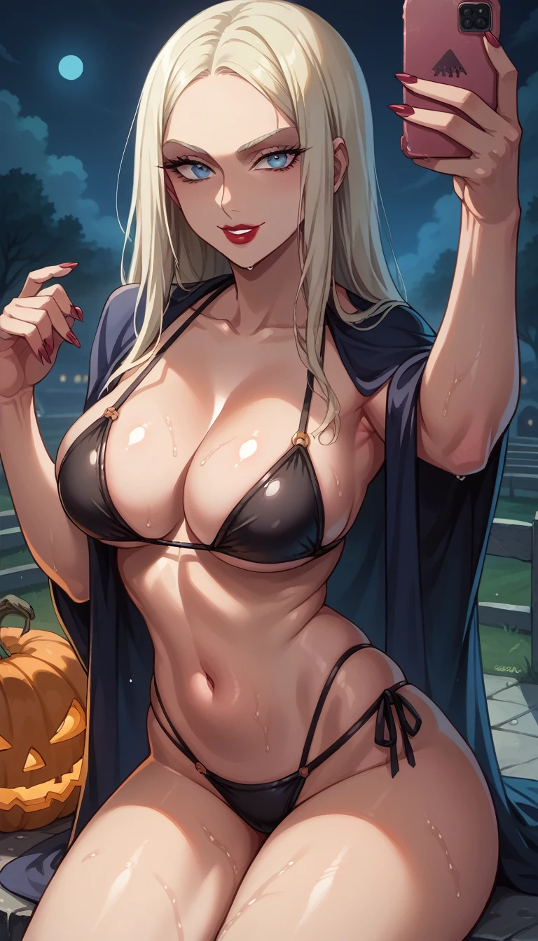 Perfect Selfie , Carmilla(Castlevania), black bikini, long hair, hair covers one of the eyes,blue eyes, smile,,windy,thick thighs,large breasts,vibrant colors,Cemetery background ,wet, lipstick and lip gloss , neckline movie highlight,clima Halloween,