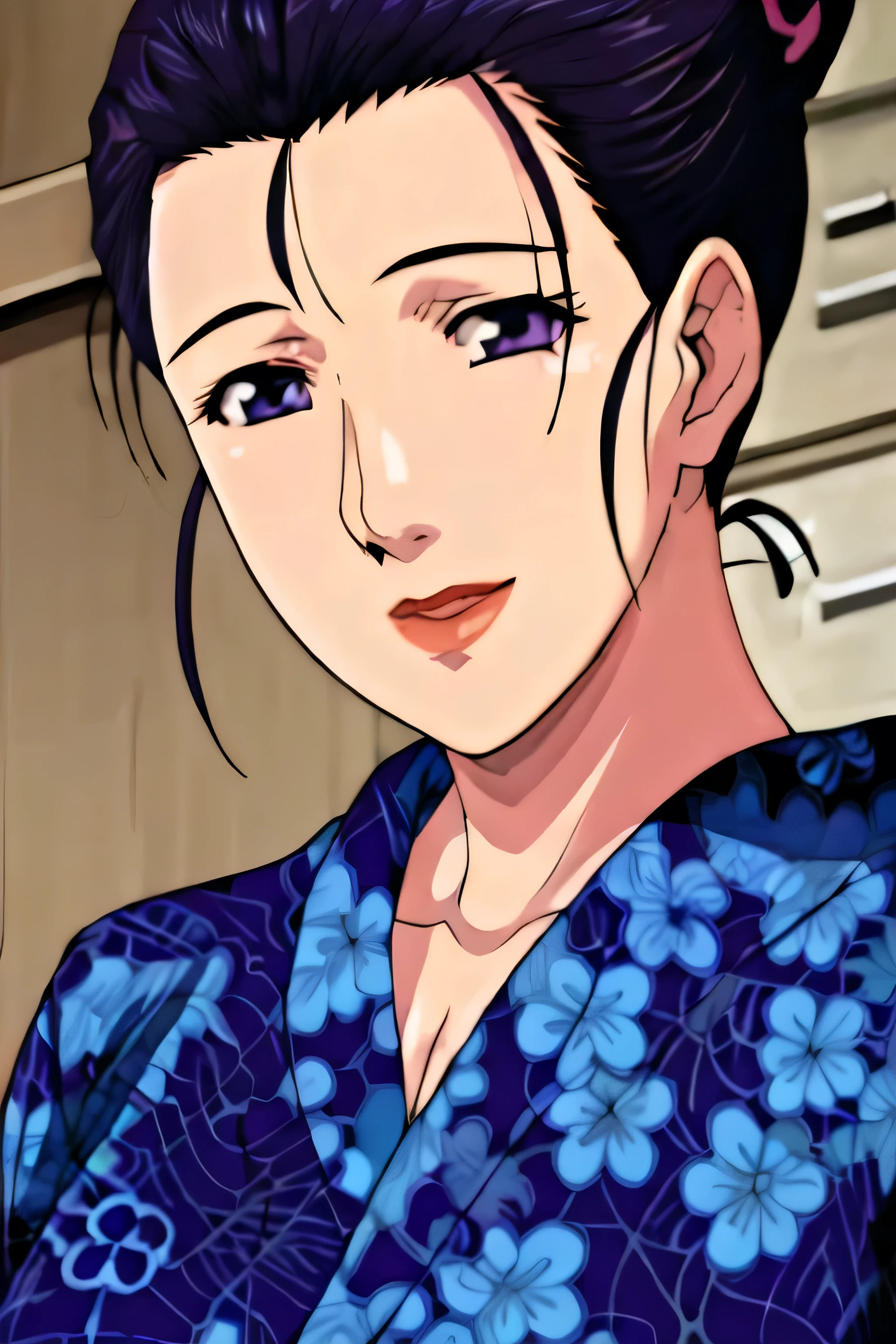 Simple Background,White Background,
purple kimono,floral print,japanese clothes,wide sleeves,long sleeves,
cleavage,
purple eyes, black hair,bangs,hair bun,
1 girl, 20yo,Young female,Beautiful long legs,Beautiful body,
Beautiful Nose,Beautiful character design, perfect eyes, perfect face,expressive eyes,perfect balance,
looking at viewer,(Focus on her face),closed mouth, (innocent_big_eyes:1.0),(Light_Smile:0.3),
official art,extremely detailed CG unity 8k wallpaper, perfect lighting,Colorful, Bright_Front_face_Lighting,White skin,
(masterpiece:1.0),(best_quality:1.0), ultra high res,4K,ultra-detailed,
photography, 8K, HDR, highres, absurdres:1.2, Kodak portra 400, film grain, blurry background, bokeh:1.2, lens flare, (vibrant_color:1.2),professional photograph,
(Beautiful,large_Breasts:1.4), (beautiful_face:1.5),(narrow_waist),