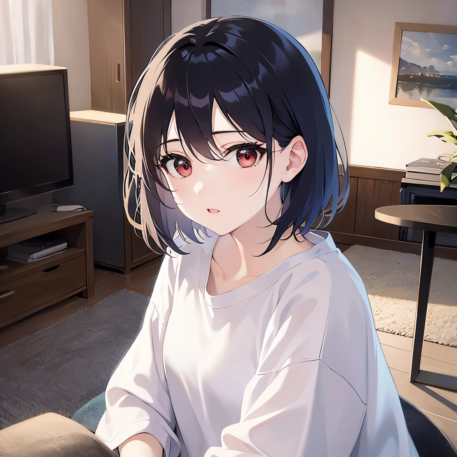 Looking up、upper body,
(pale skin:1.2), shiny skin, shiny hair、(A 40-year-old woman:1.5) and (bob cut) and (hair between eyes) and (black hair) and (red eyes), 
over size t-shirt、oversized clothes,white shirt,
blush,
The background is the living room at night、（alone:1.5）