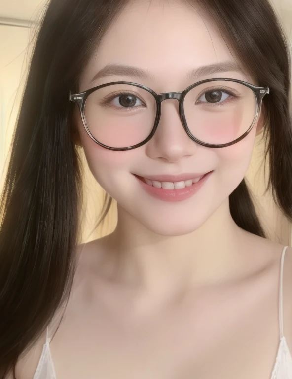 (realistic、masterpiece、Best Quality、8K、highres、high resolution:1.3)、1 glasses girl、Gigantic breasts、smile, white bikini、pale white skin、looking at viewers、super fine face and eyes、long hair、indoor、 upper body、