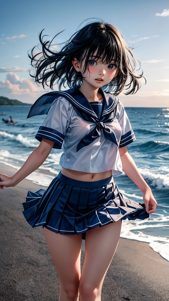 very cute and beautiful girl,teen,(highly detailed beautiful face and eyes:1.2),(backlit:1.2),(happy smile:1.2),(sailor school uniform),(navy blue pleated skirt:1.15),(Summer beach), Strong sunlight、black hair,(best quality,masterpiece:1.2),intricate details,extremely detailed,8k resolution,solo,natural lighting, hair fluttering in the wind,beautiful detailed sky,