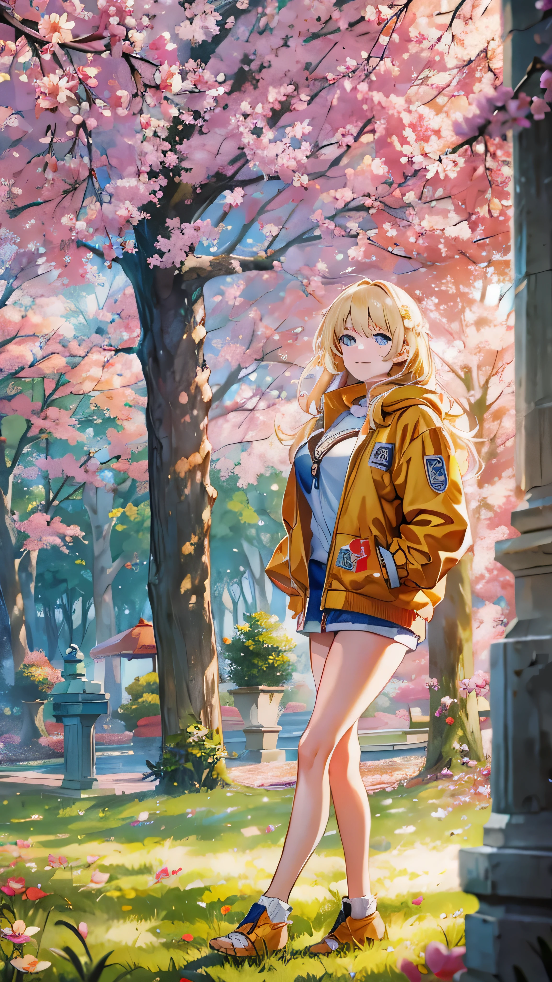 masterpiece, Best Quality, One girl, beautiful, , delicate, Very complicated, detailed, Blonde, jacket, blue eyes, ((masterpiece)), extremely detailed, Best Quality, High resolution, ((In the park)), Bridget, smile,  