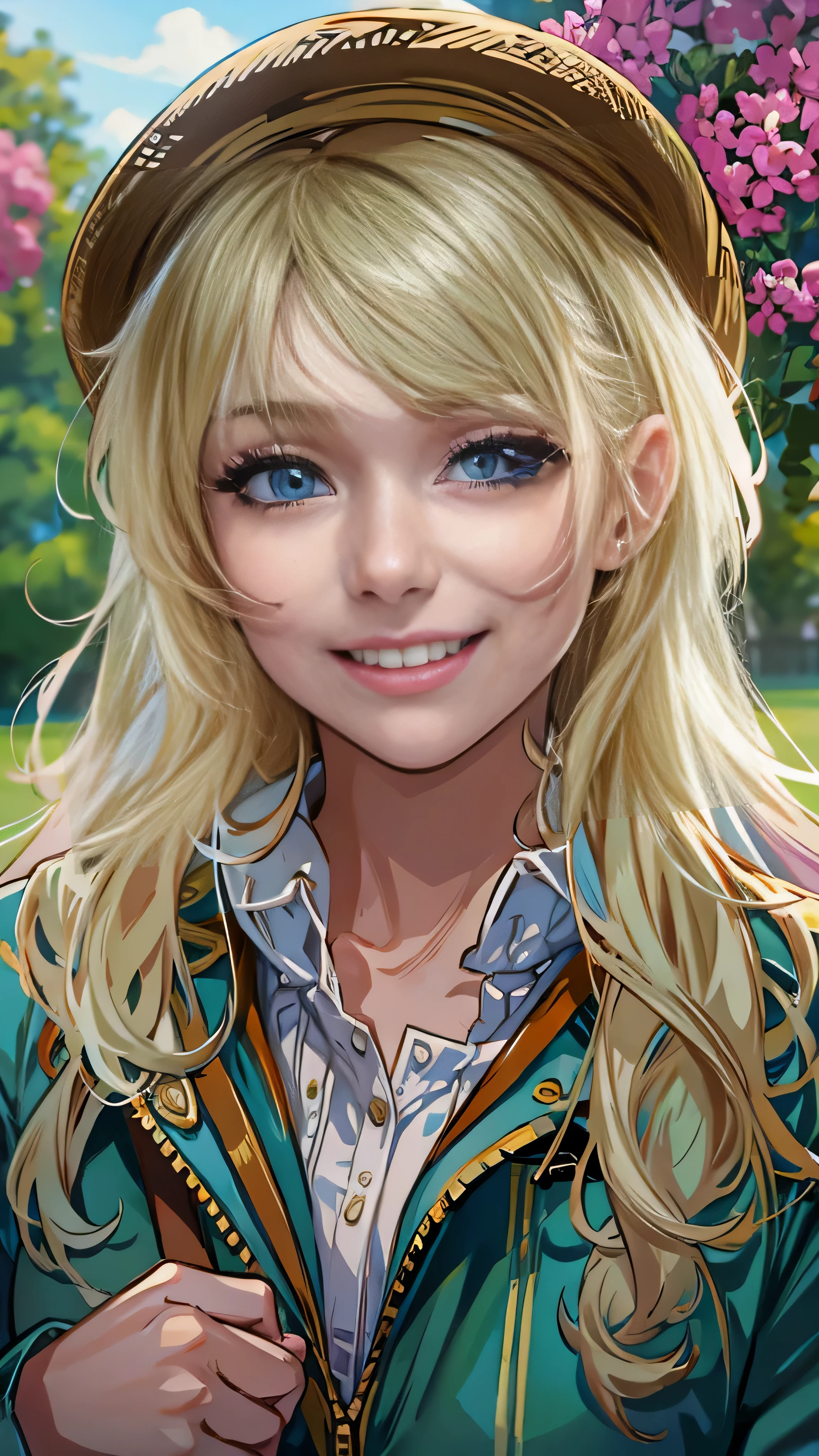 masterpiece, Best Quality, One girl, beautiful, , delicate, Very complicated, detailed, Blonde, jacket, blue eyes, ((masterpiece)), extremely detailed, Best Quality, High resolution, ((In the park)), Bridget, smile,  