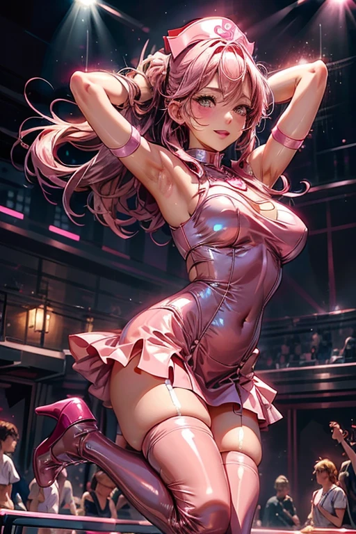  anime girl showing lots of skin wears pink glittering latex tube dress、Posing for the camera, たくさんの肌を見せる,  seductive anime girl, Beautiful woman,  blushes with excitement , Detailed face, (Nurse hat), Long peach hair, Looking down at the camera, 8k,  very detailed, (Visible laces), Clevis, (Long pink latex gloves), pink latex stockings, garter, Strip Club Background, dark, Put the spotlight on the girl, on stage, Upskirt camera shot, (Put your head back, Exposing armpits, Raise one leg, Visible string), color, Open chest,  stand out, belly button, High heels