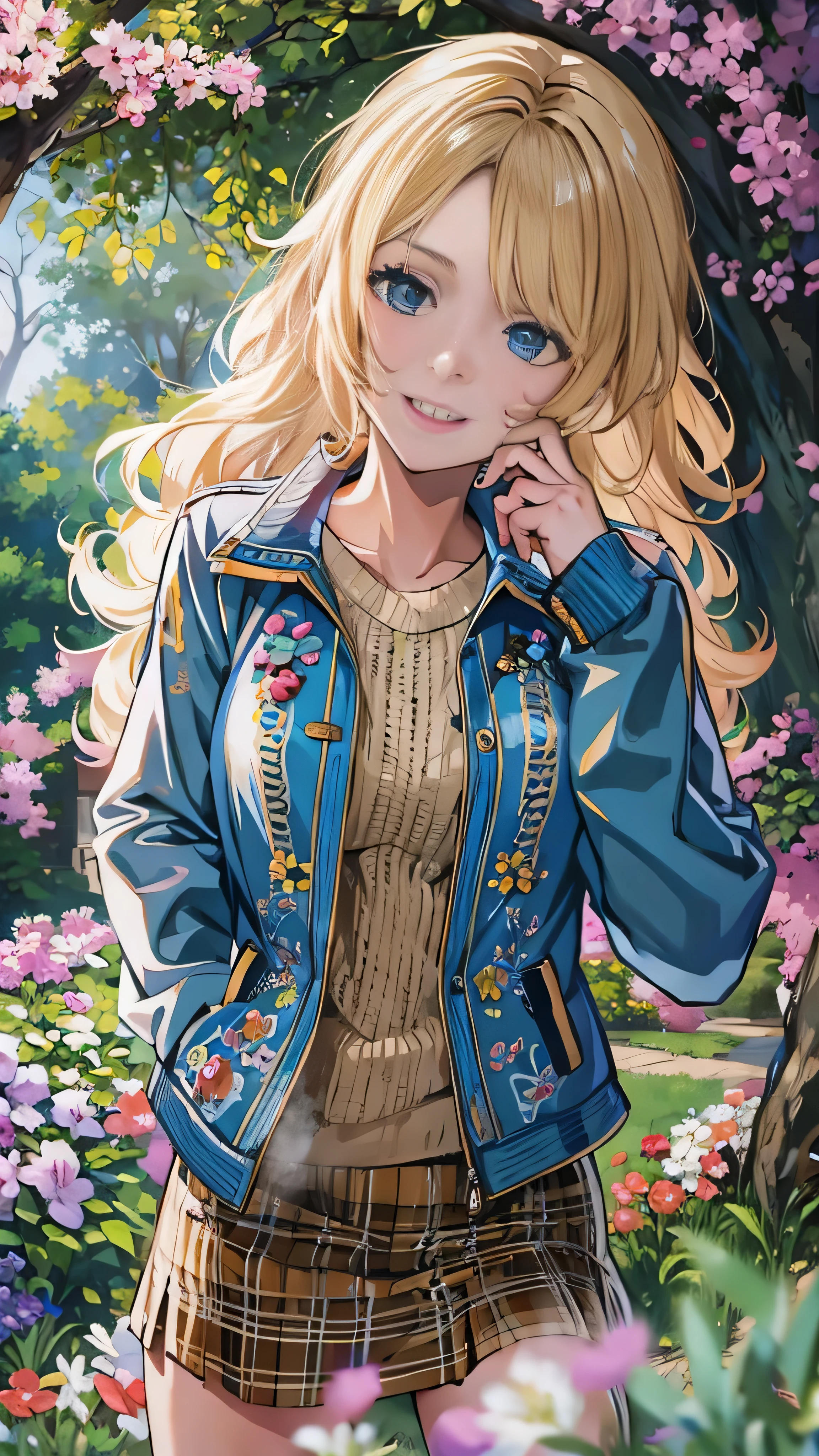 masterpiece, Best Quality, One girl, beautiful, , delicate, Very complicated, detailed, Blonde, jacket, blue eyes, ((masterpiece)), extremely detailed, Best Quality, High resolution, ((In the park)), Bridget, smile,  