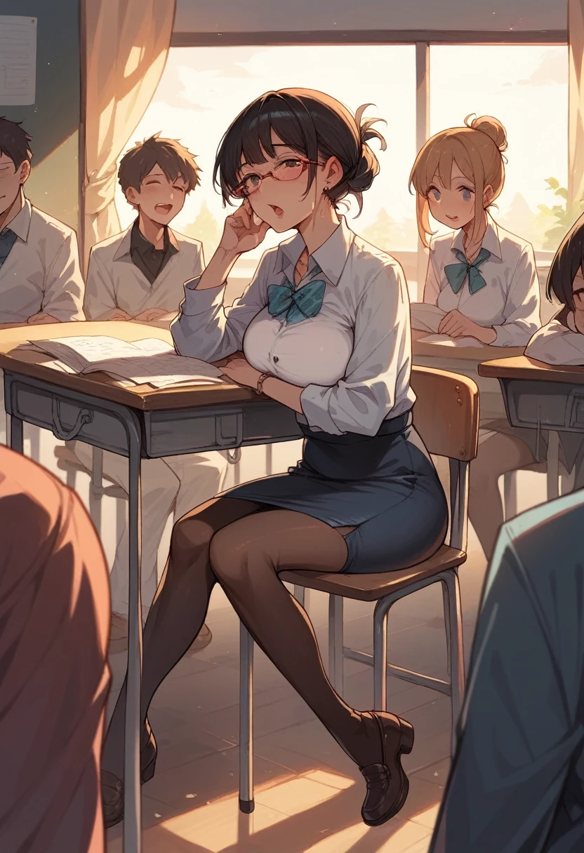 48-year-old female teacher、crowd、You are peeing on your own、Frightened expression、Watery eye、During class、suit