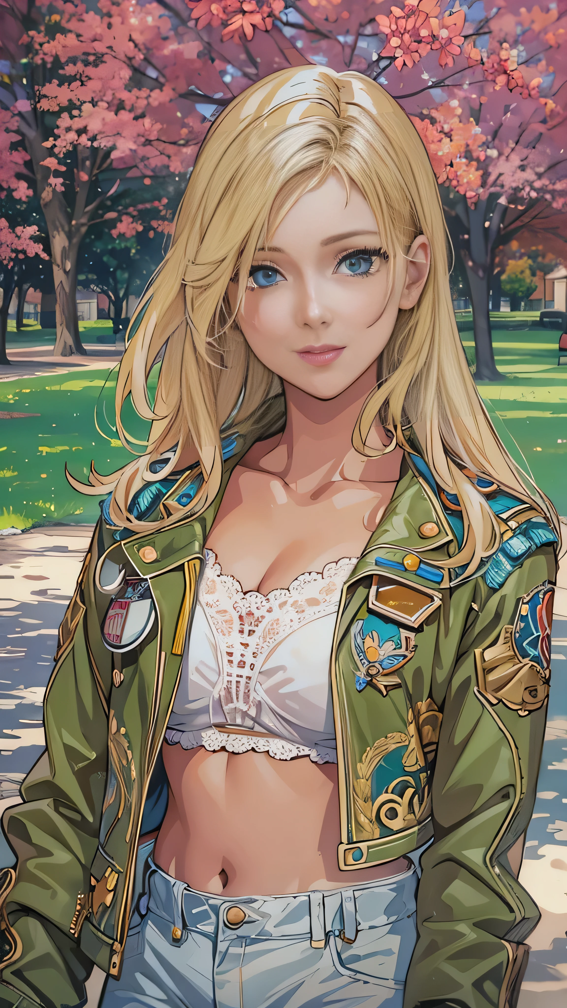 masterpiece, Best Quality, One girl, beautiful, , delicate, Very complicated, detailed, Blonde, jacket, blue eyes, ((masterpiece)), extremely detailed, Best Quality, High resolution, ((In the park)), Bridget, smile,  