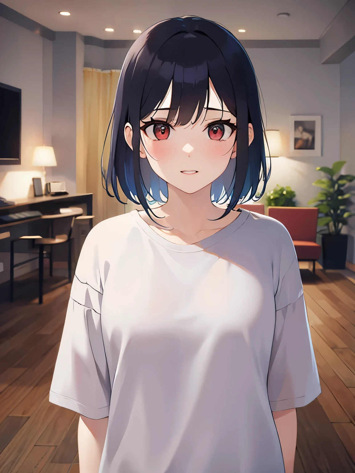 Looking up、upper body, wet hair 、 (pale skin:1.2), shiny skin, shiny hair、(A 40-year-old woman:1.5) and (bob cut) and (hair between eyes) and (black hair) and (red eyes), over size t-shirt、oversized clothes,white shirt, blush,Standing、 The background is the living room at night、(alone:1.5)