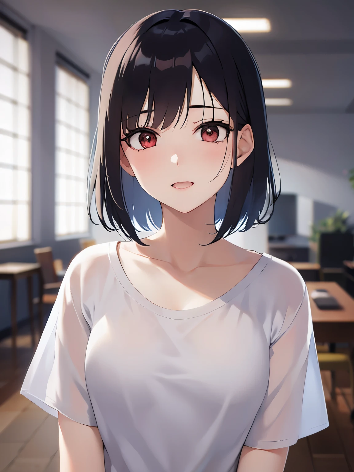 Looking up、upper body, wet hair 、 (pale skin:1.2), shiny skin, shiny hair、(A 40-year-old woman:1.5) and (bob cut) and (hair between eyes) and (black hair) and (red eyes), over size t-shirt、oversized clothes,white shirt, blush,Standing、 The background is the living room at night、(alone:1.5)